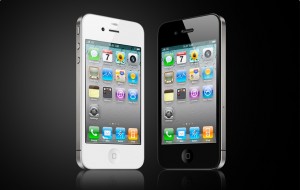 Black and white iPhone 4 models at 30-degree angles